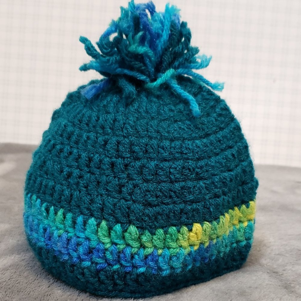 Childs Beanie Crocheted Knit Hand Made Small Pom Teal Toboggan